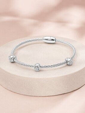 14K White Gold Filled Triple CZ Stone Twisted Cable Magnetic Bangle Bracelet